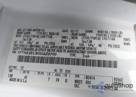 2012 Ford E-250 Commercial from USA, damaged, VIN 1FTNE2EL9CDA59700